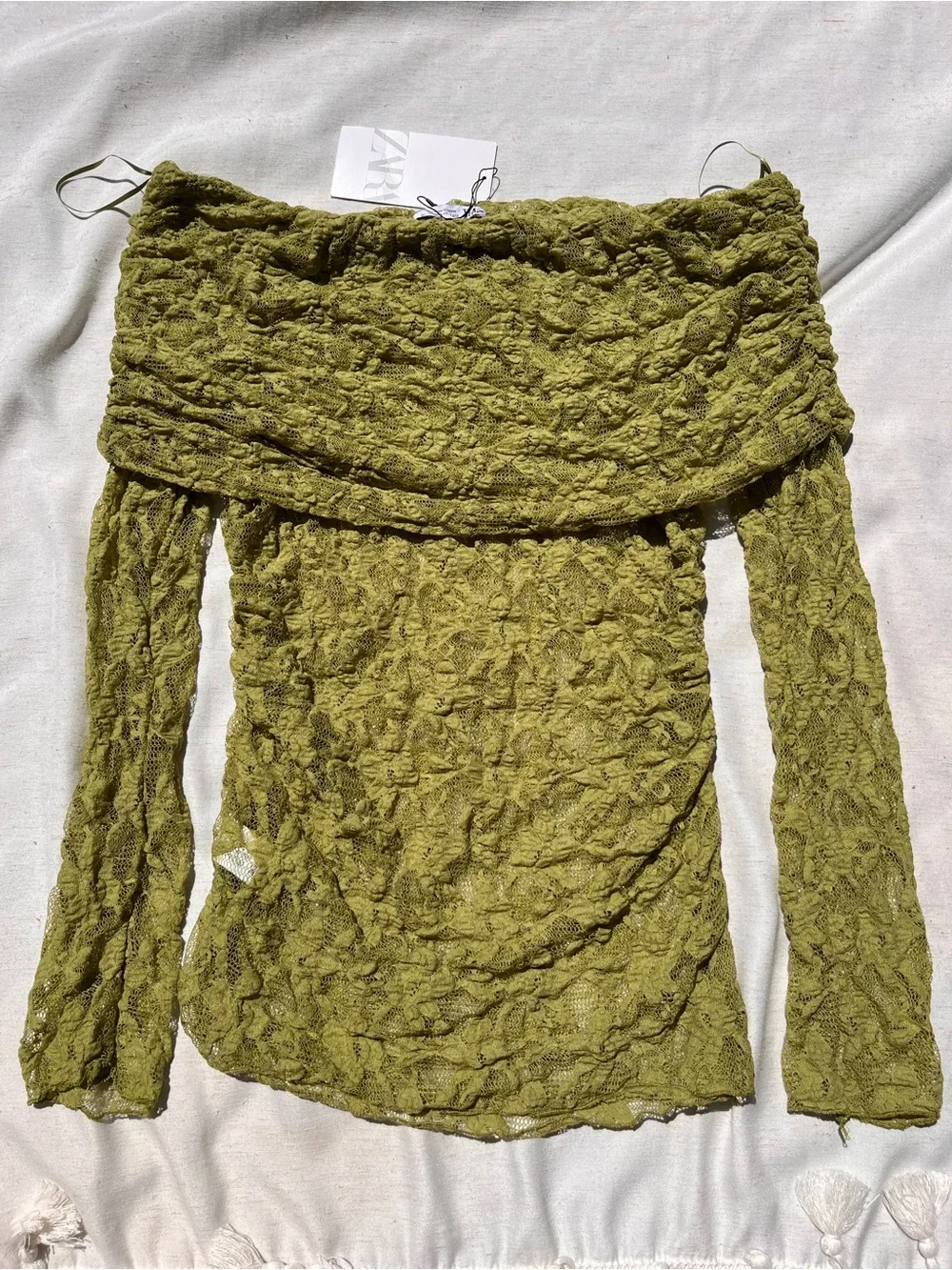 Zara Lace Top With Open Shoulders Translucent Square Neckline Pistachio Green